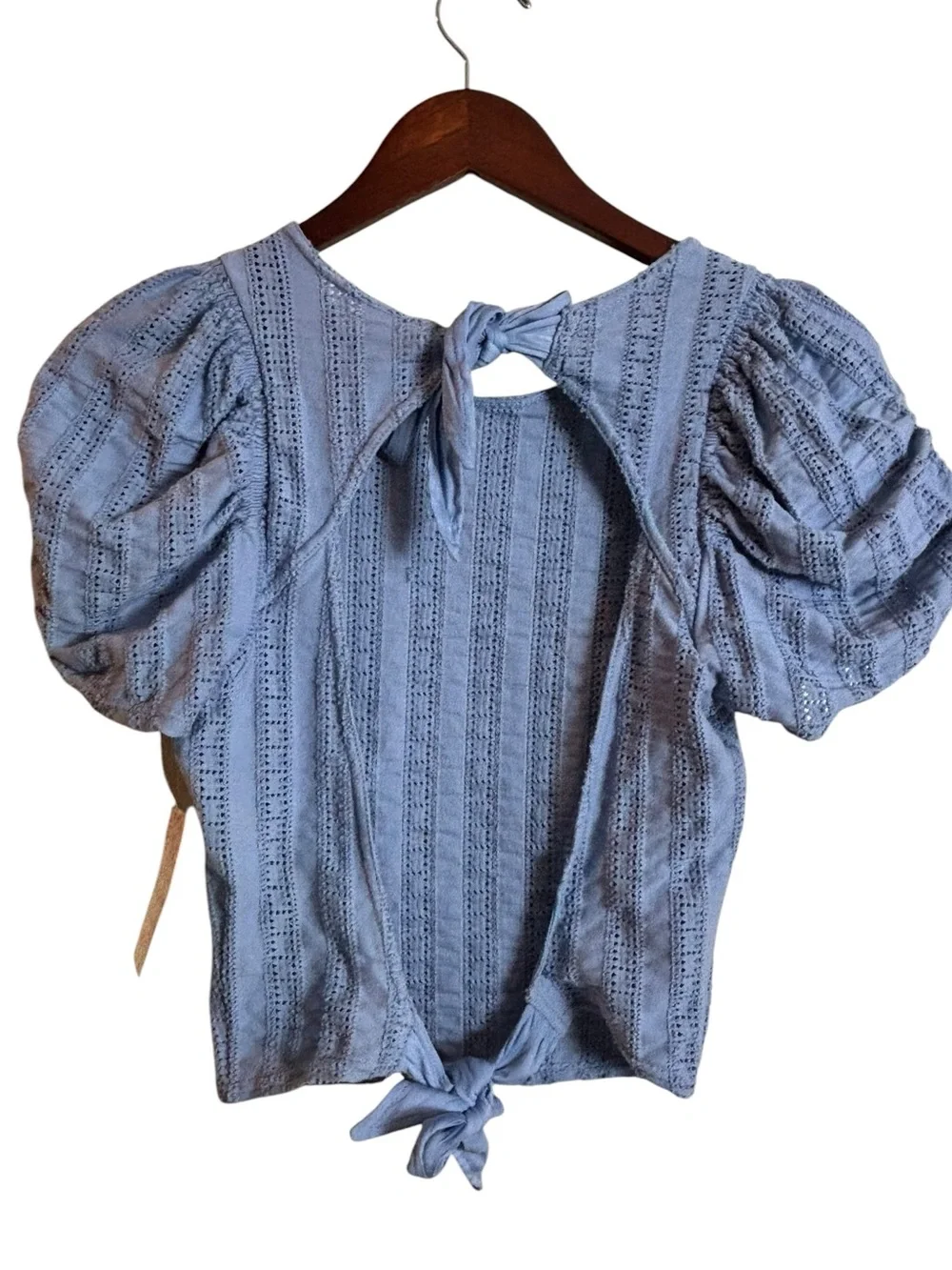 NEW Free People Star Struck Puff Sleeve Open Back Crop Top XS Coquette Blue Cute